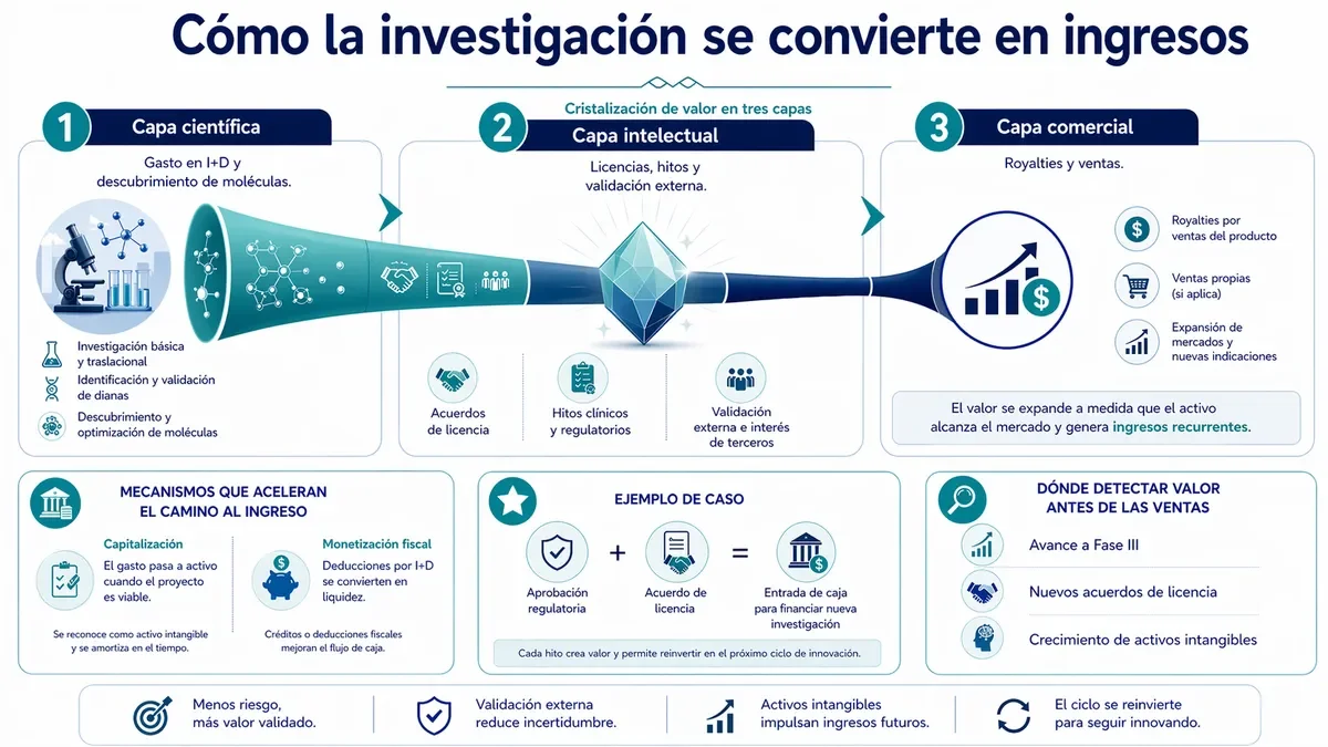 Infografía sobre la cristalización del valor científico en capas intelectuales y comerciales.