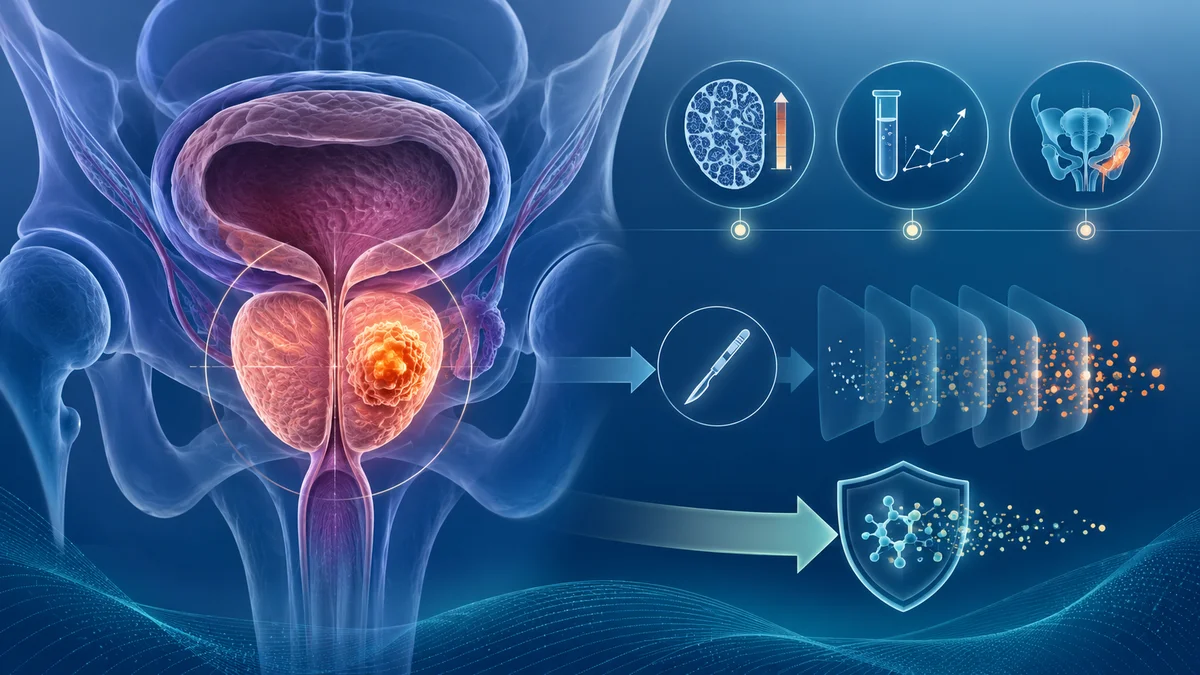 Ilustración médica de la próstata con un tumor localizado y flechas que indican progresión y tratamiento quirúrgico.