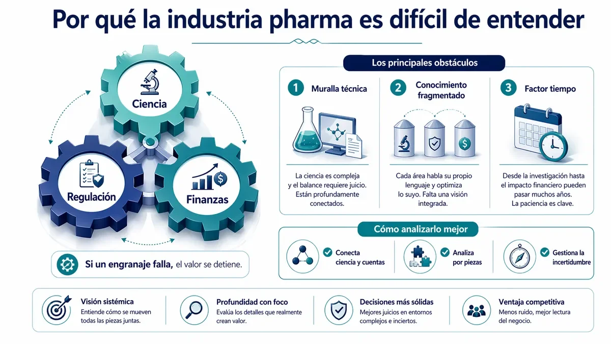 Diagrama de engranajes que conecta ciencia, regulación y finanzas en la industria farmacéutica.
