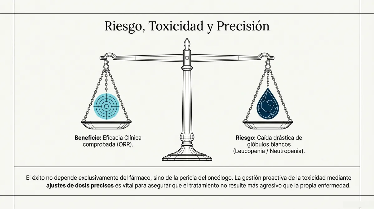 Balanza pesando el beneficio de la eficacia clínica frente al riesgo de leucopenia.