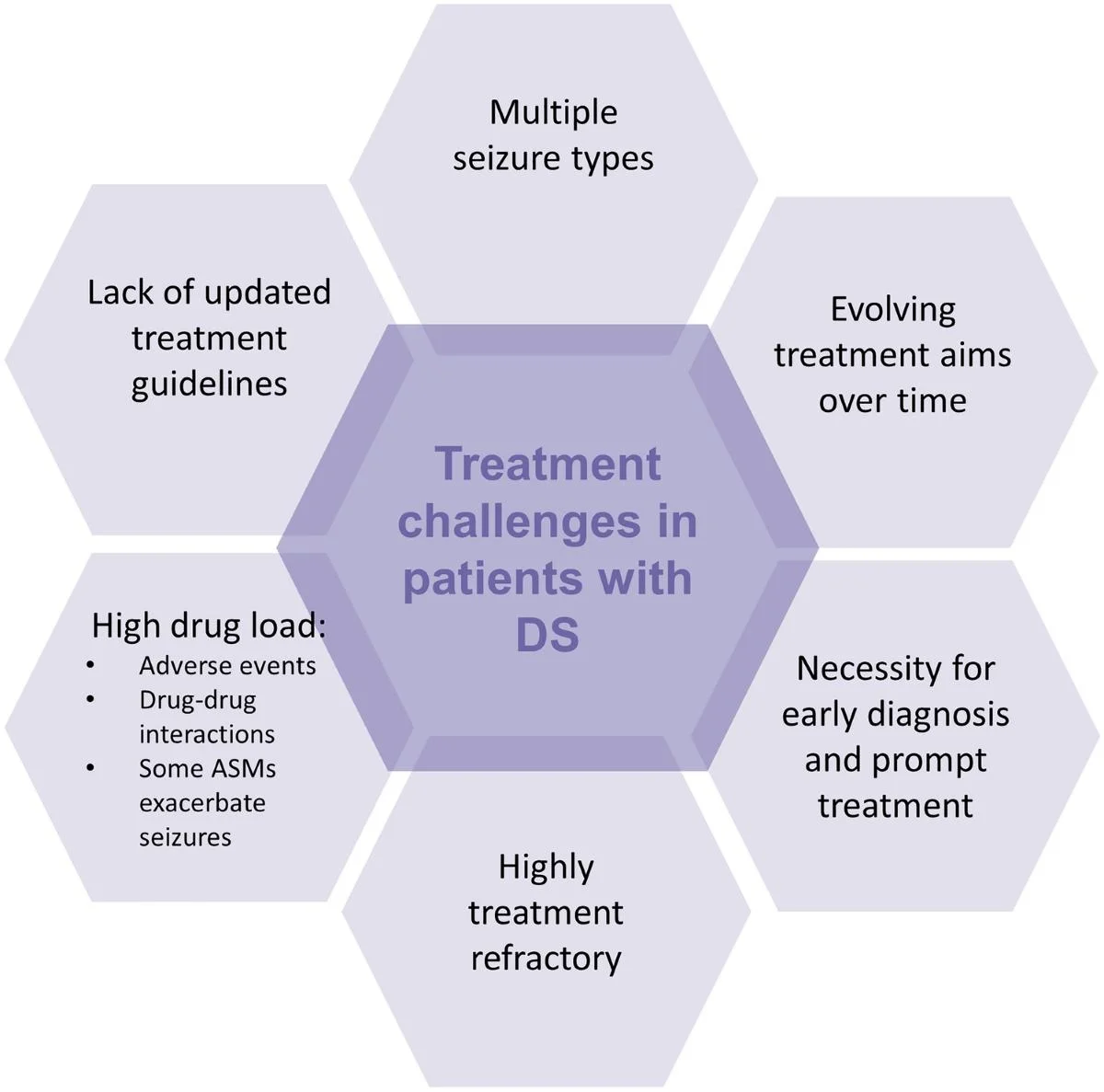 Diagrama hexagonal que muestra los desafíos en el tratamiento del Síndrome de Dravet.