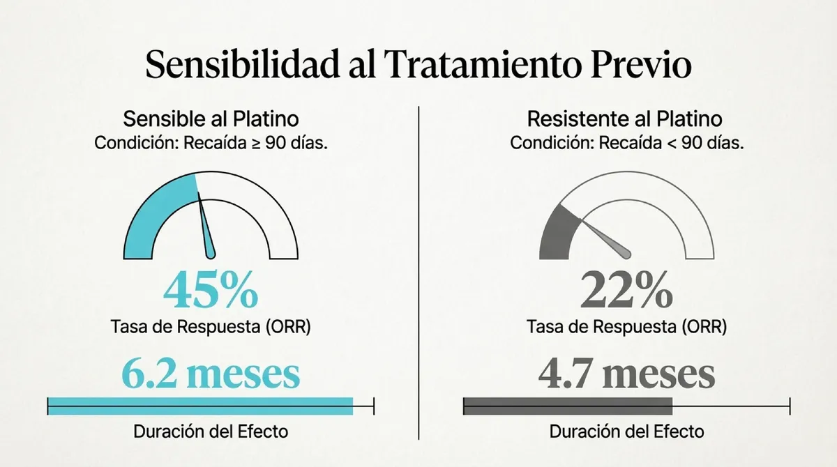 Gráficos de indicadores de velocidad mostrando la tasa de respuesta en pacientes sensibles y resistentes al platino.