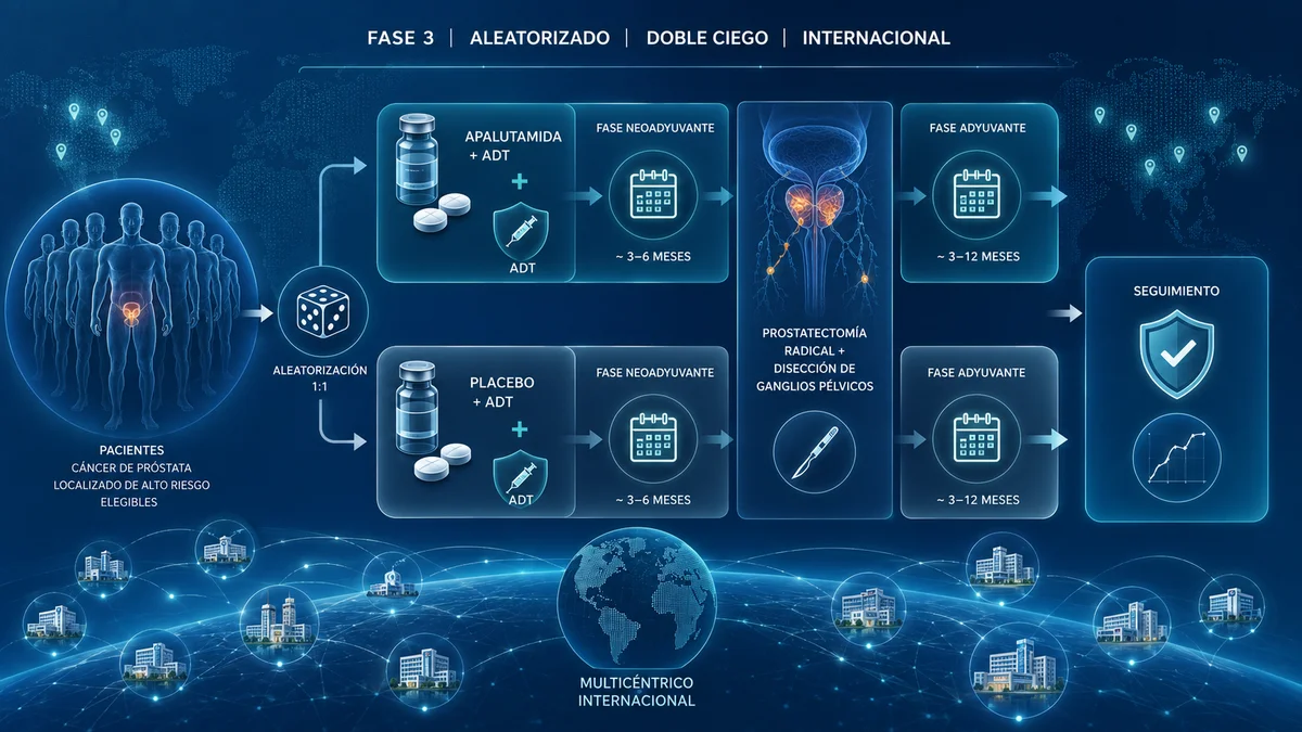 Diagrama de flujo del diseño del estudio PROTEUS, mostrando la aleatorización de pacientes y los brazos de tratamiento internacional.
