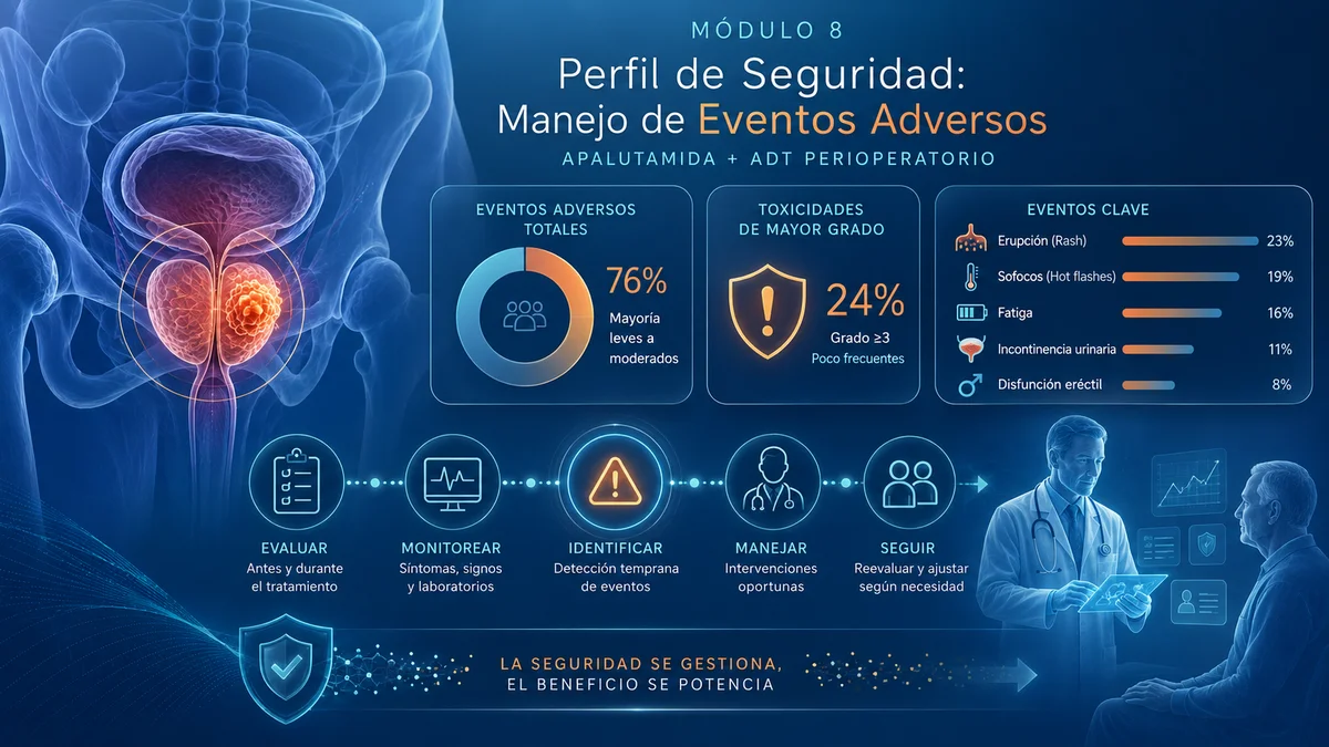 Resumen del perfil de seguridad indicando porcentajes de eventos adversos comunes como fatiga, sofocos y erupciones.