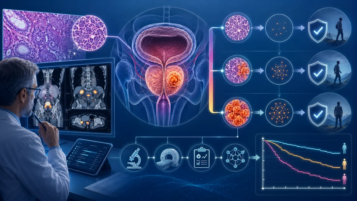 Médico analizando imágenes de diagnóstico y biopsias bajo microscopio integrando hallazgos clínicos y patológicos.