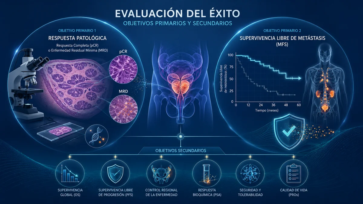 Visualización de los objetivos primarios duales: respuesta patológica y supervivencia libre de metástasis (MFS).