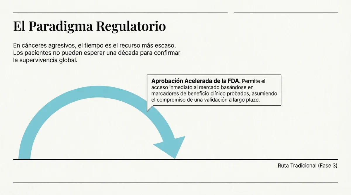 Gráfico de flecha curva que ilustra el atajo de la aprobación acelerada frente a la ruta tradicional.