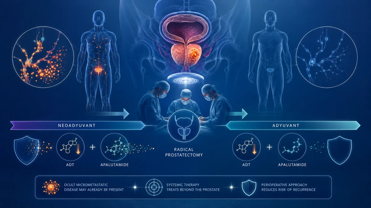 Infografía del esquema de terapia perioperatoria que muestra fases de neoadyuvancia y adyuvancia alrededor de la prostatectomía radical.